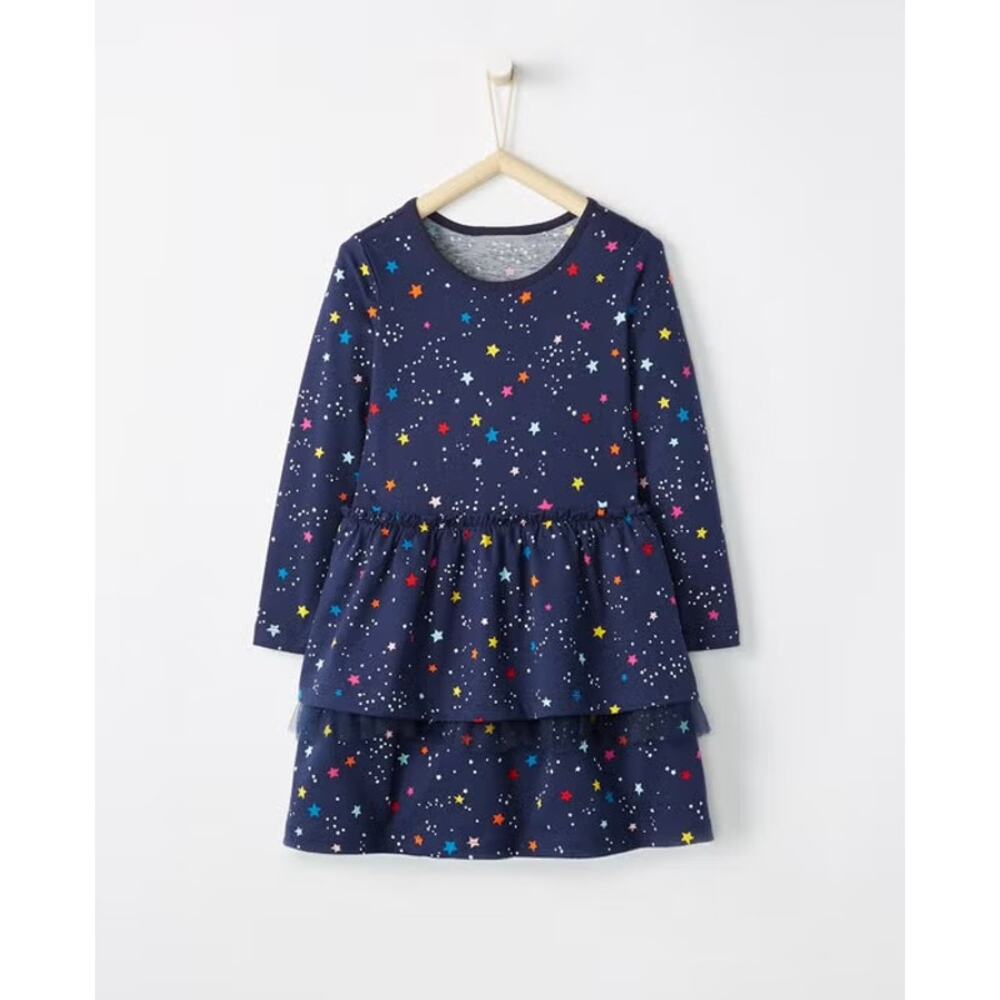 Hanna Andersson Tiered Drop Waist Dress Navy Rainbow Stars Girls Size 110 (US 5)
